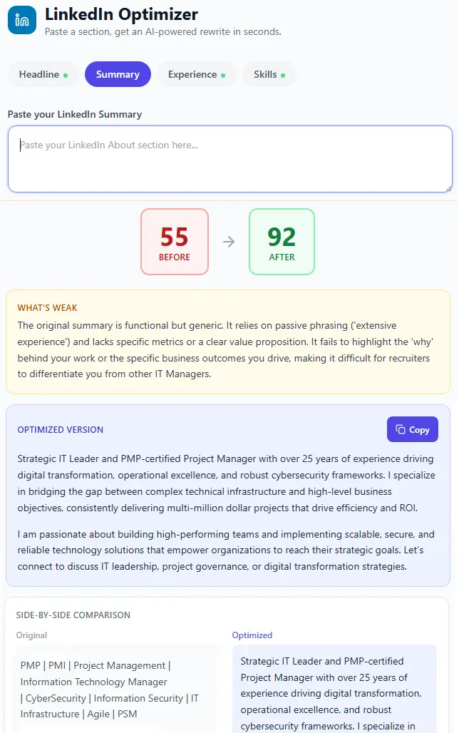 LinkedIn optimizer showing 55 to 92 score improvement