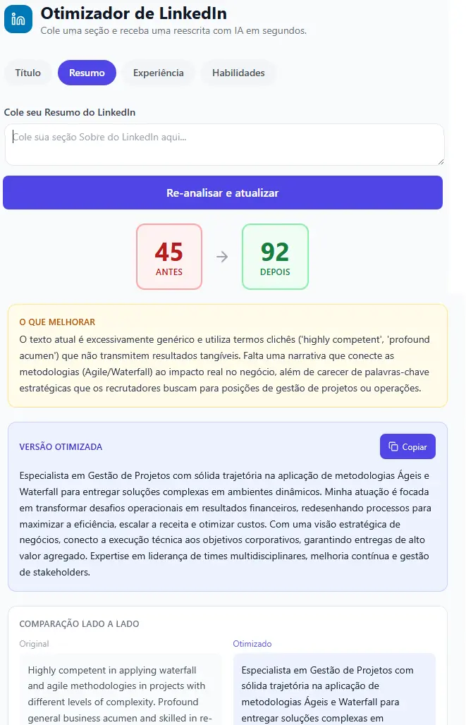 Otimizador de LinkedIn mostrando melhoria na pontuação